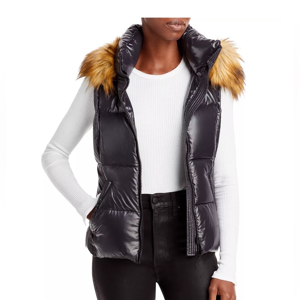 Aqua Faux Fur-Trim Hooded Down Puffer Vest  size M